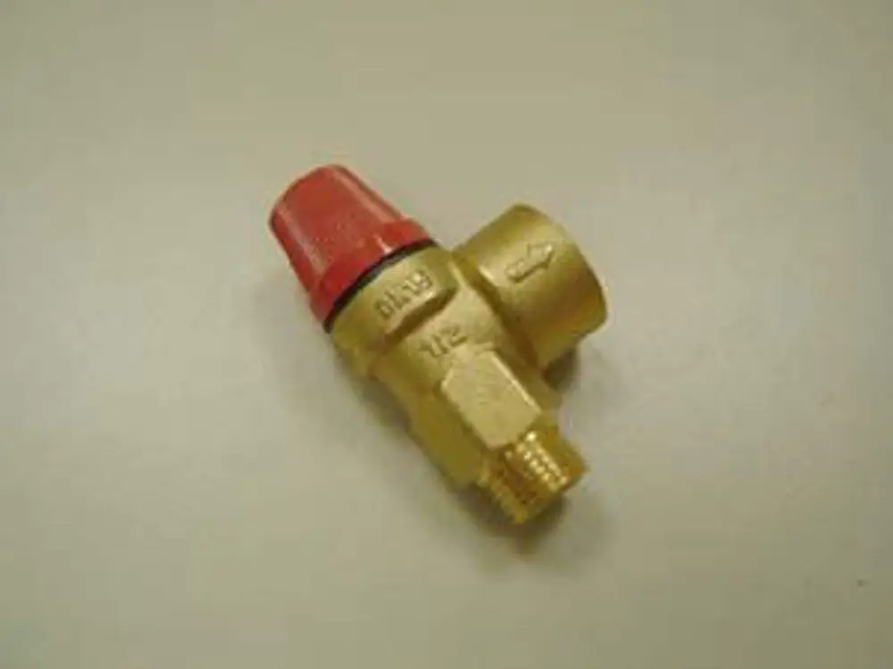 Sicherheitsventil aus Messing, mit rotem Drehknopf. Verwendet in Drucksystemen zur Ventilsteuerung. Hersteller: Remeha.